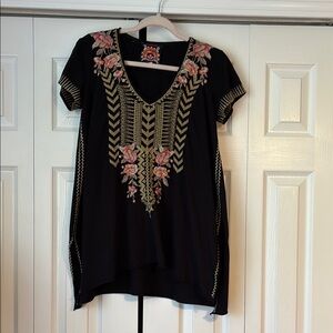 Johnny Was Rianne Knit Drape Top Black Floral Embroidered XS